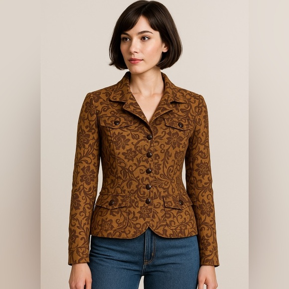 Peruvian Connection Jackets & Blazers - Peruvian Connection Floral Brocade Blazer Jacket Brown & Gold US 8